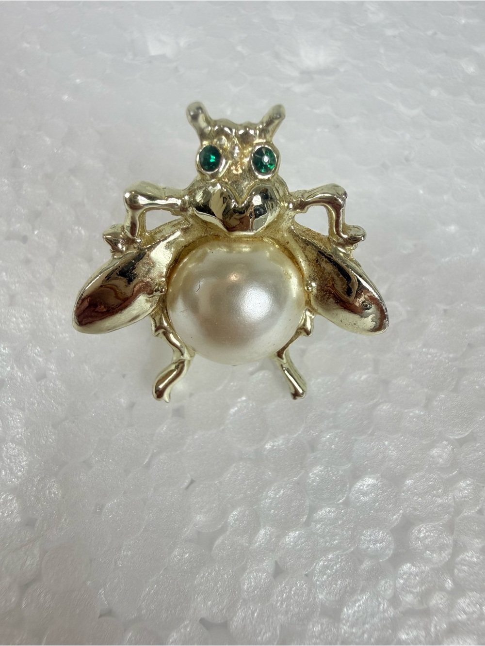 VTG Jelly Belly Fly Insect Brooch Gold Tone Faux Pearl Green Rhinestones